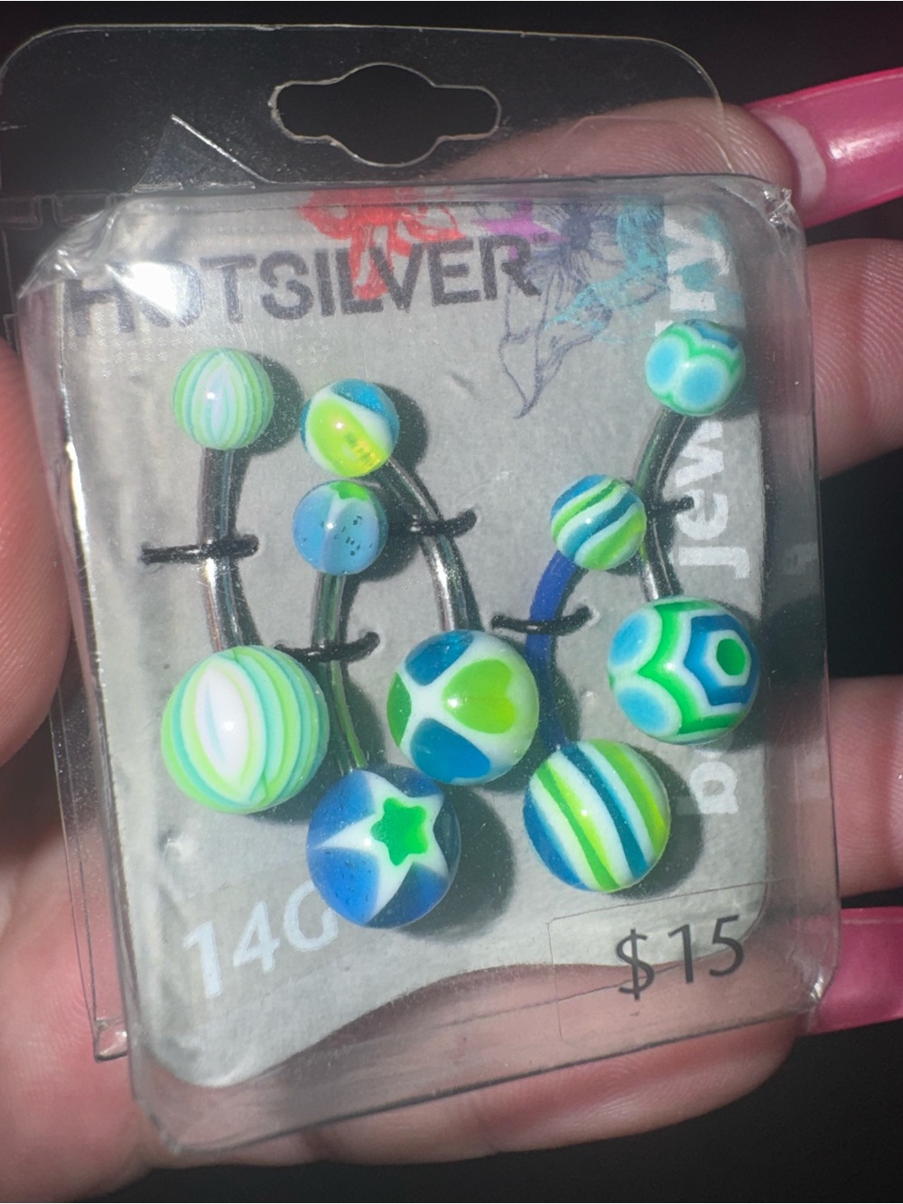 Green & Blue Patterned Belly Button rings- Hot Silver